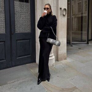 NWT DISSH Charli Black Satin Maxi Skirt Size US 2